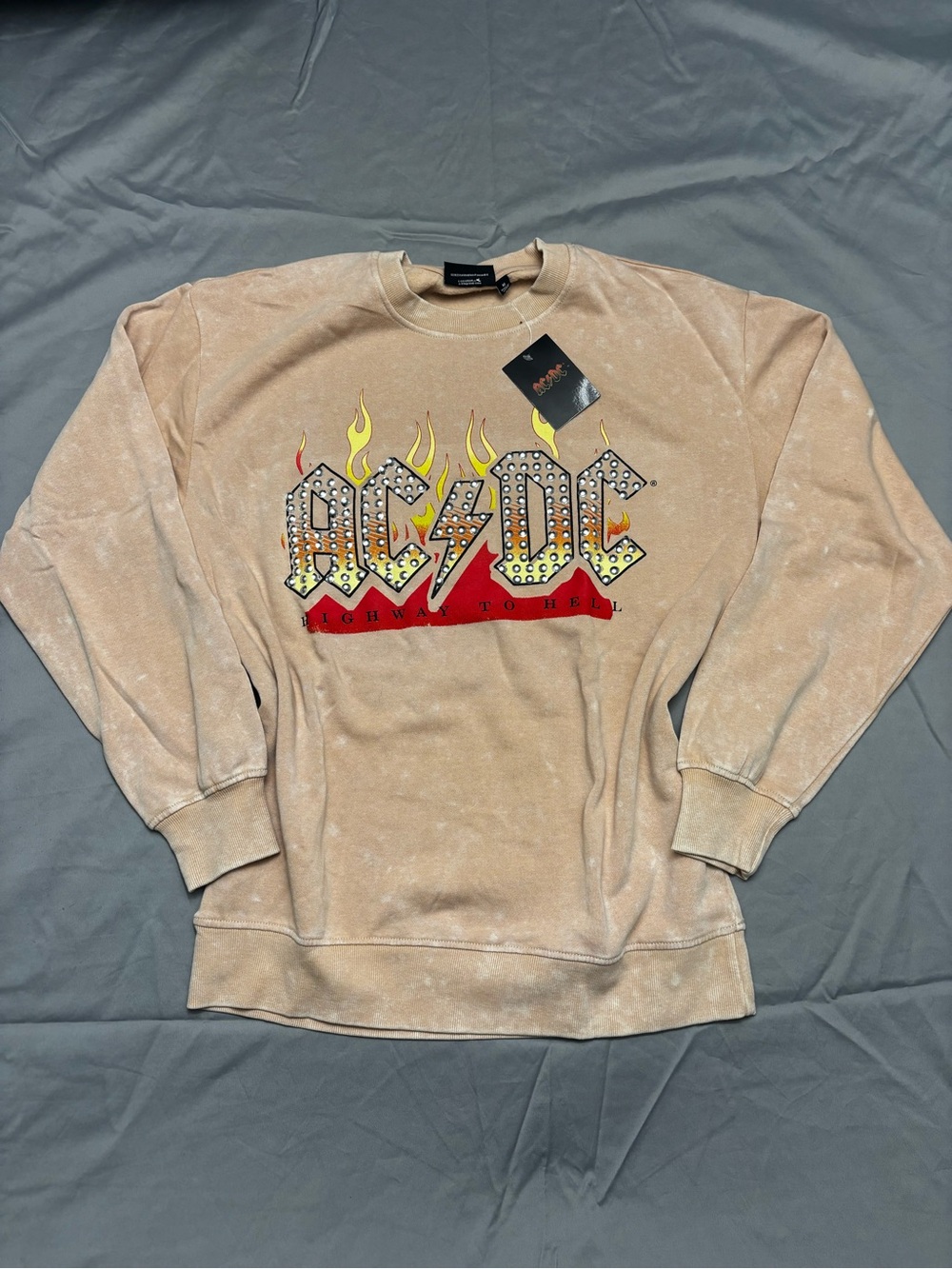 AC/DC Beige Crewneck Sweater with Red & Yellow Flame Logo
